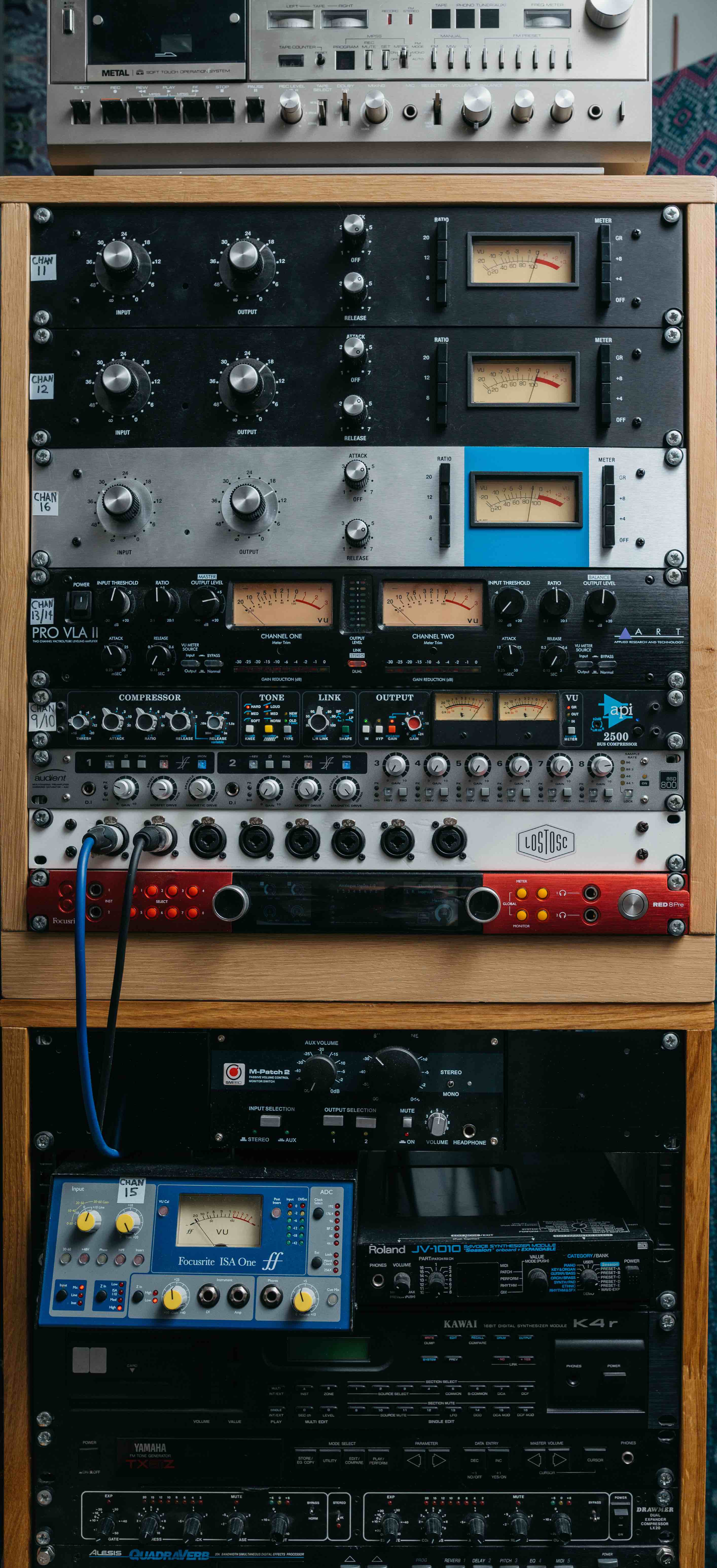 Studio equipment racks in the LOSTOSC control room
